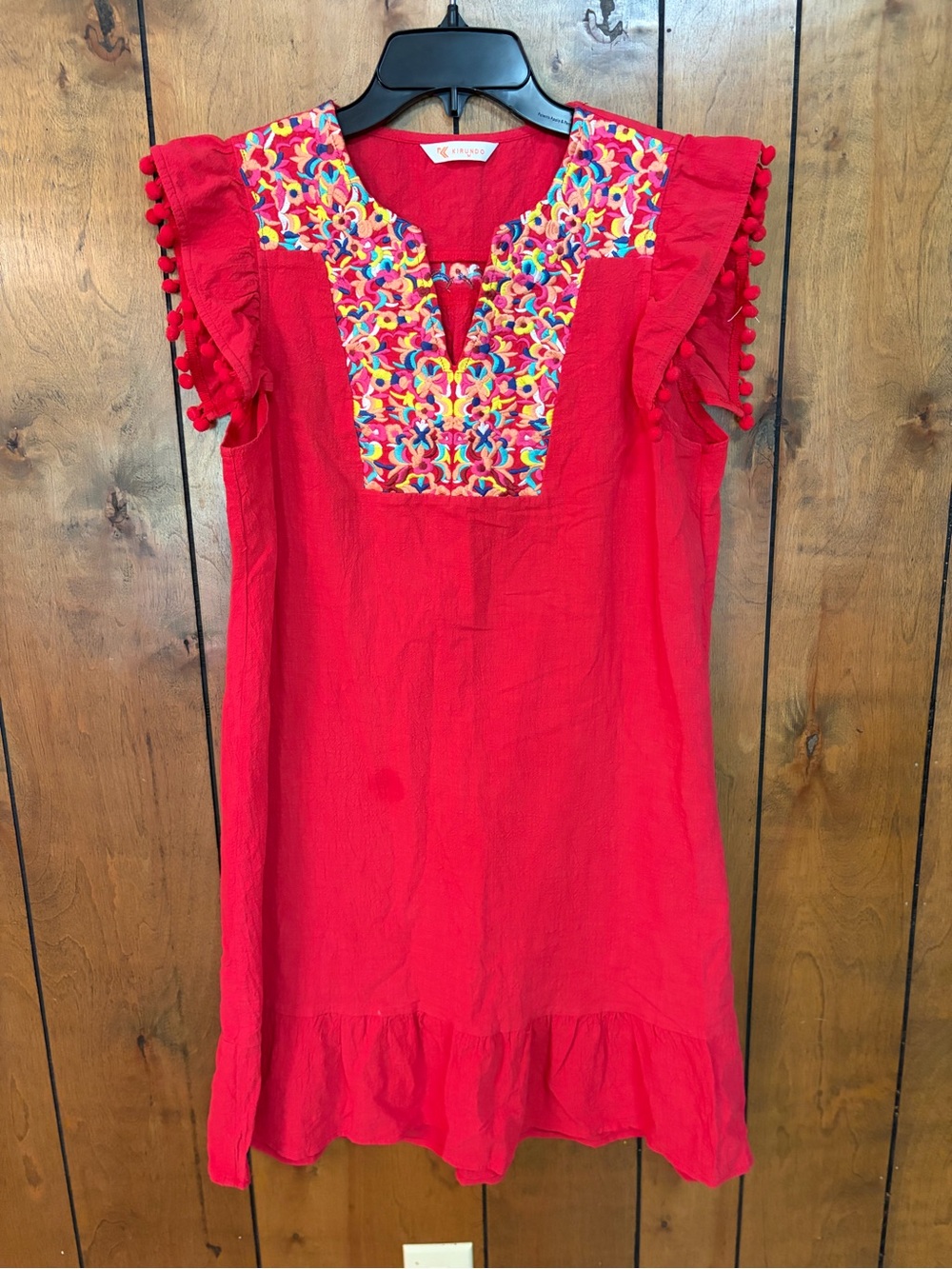 Women's Red Embroidered Mini Dress with Pom-Sleeve Details